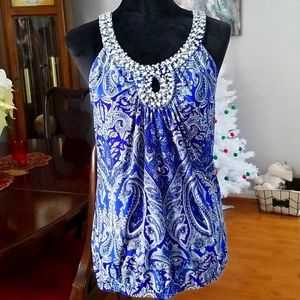 Blue and white paisley top NWOT